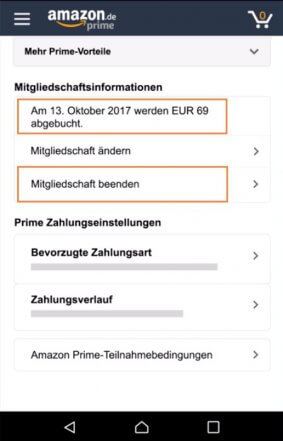 Amazon Prime kündigen über die App